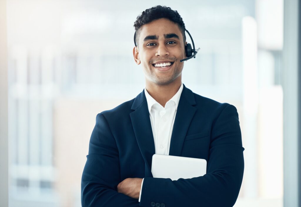 Call center, portrait and crm worker in management with a tablet at a telemarketing company with a