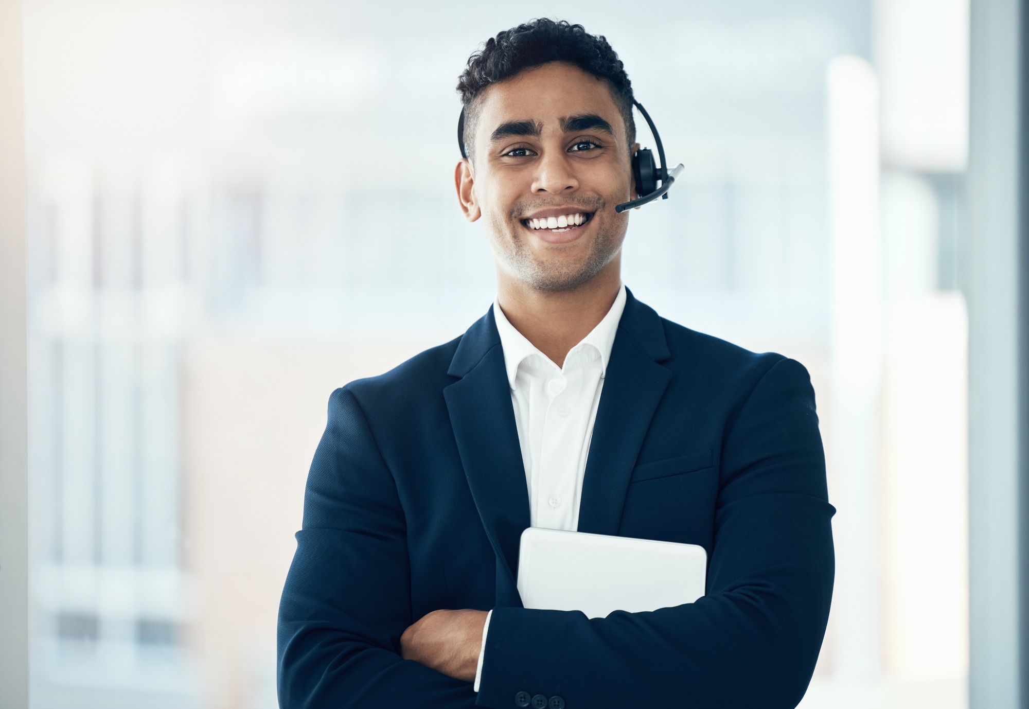 Call center, portrait and crm worker in management with a tablet at a telemarketing company with a